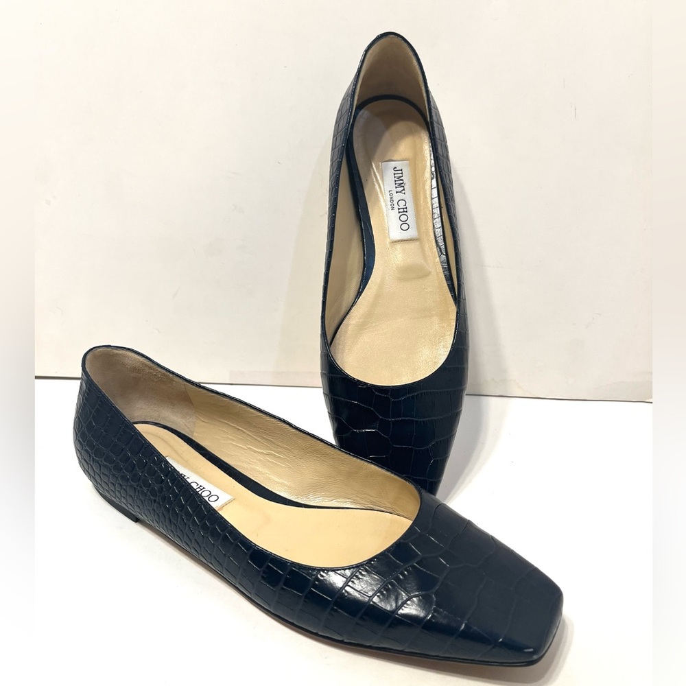 JIMMY CHOO London MIRELE Leather Navy Croc Embossed Flats Slip On Shoes 40 1/2